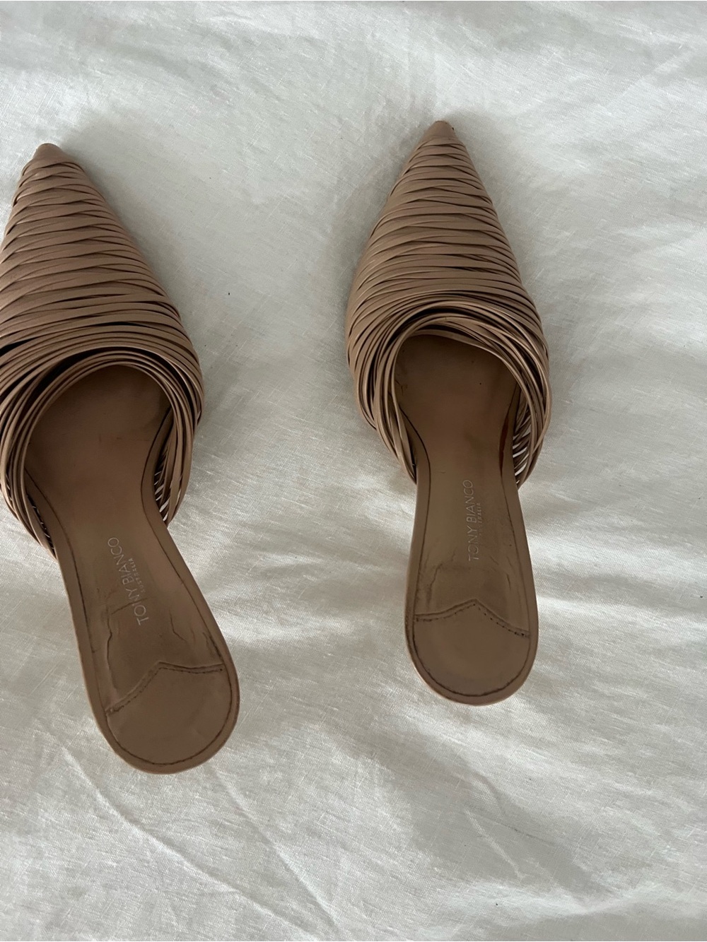 Tony Bianco Tan Woven Pointed Toe Mule Heels